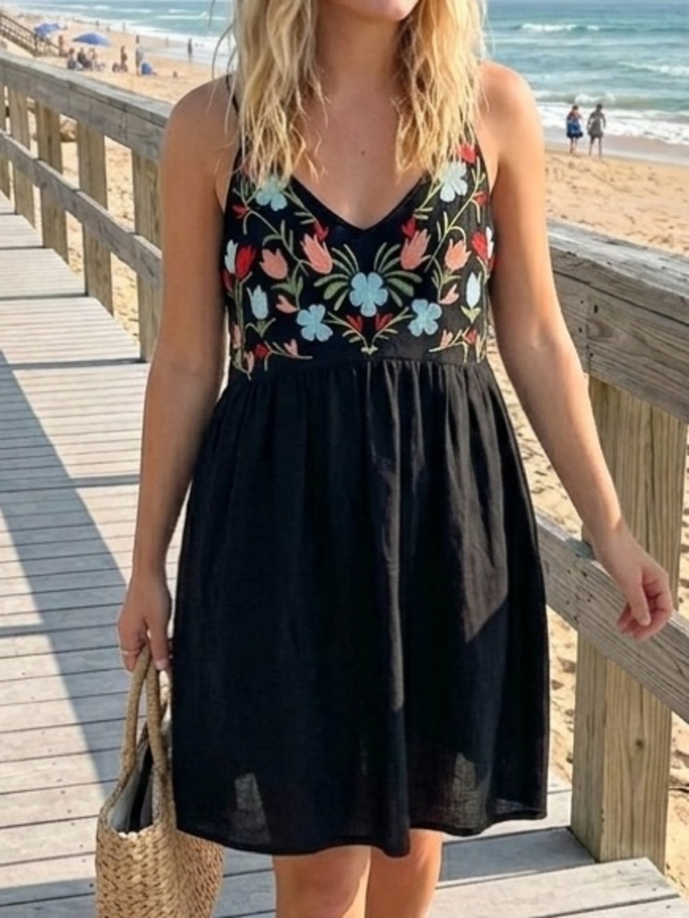 Jodifyl Embroidered Black Spaghetti Strap Lined Sundress M
